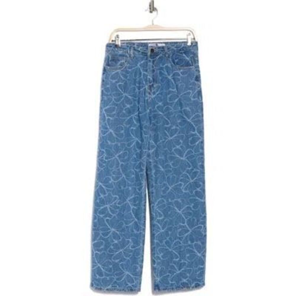 Flying Angel Floral Embroidered High Waist Wide Leg Jeans In Medium Dark Wash si